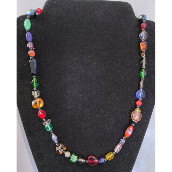 Unsigned Jewelry - Vintage Multicolor Mixed Art Glass Bead Necklace 29in Harlequin Long Strand